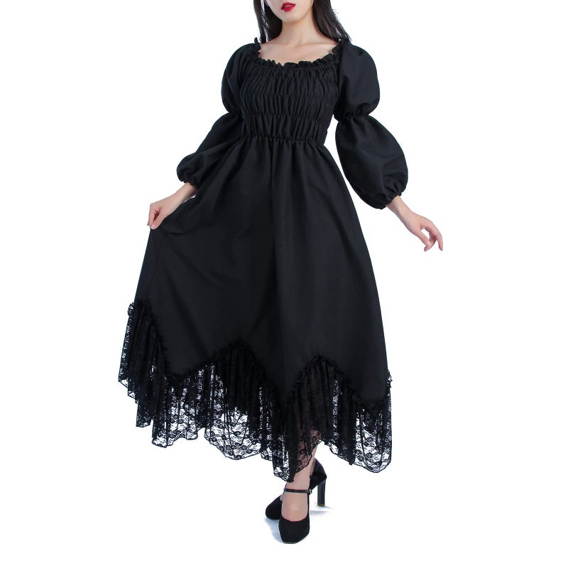 NSPSTT Renaissance Costume Dress Women Medieval Lantern Sleeve Maxi Dress, Lace Black XXL/3XL - Image 1